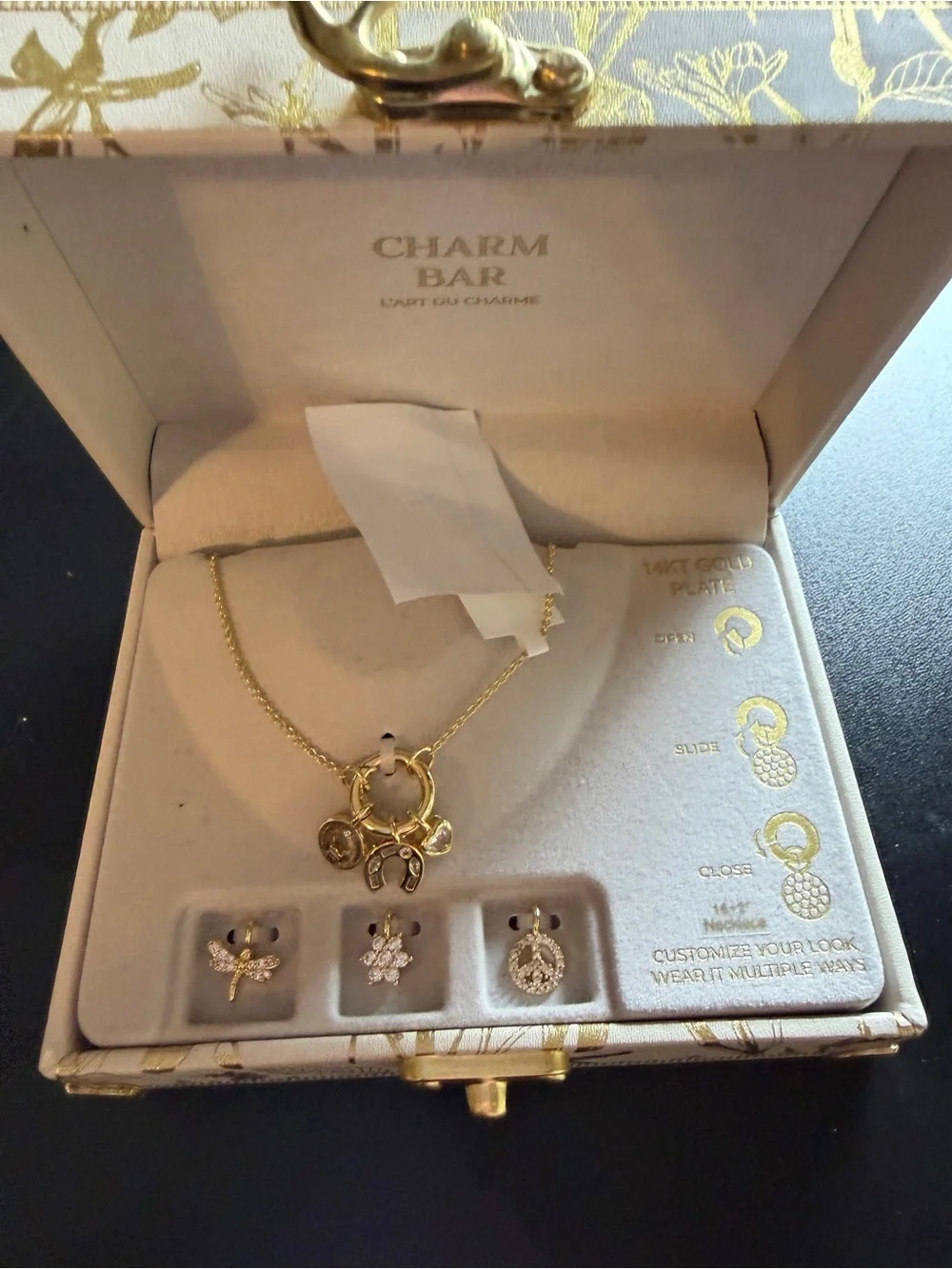 New Charmbar Gold Tone 6 Charm Necklace Link Peace Dragonfly Crystal Luck Charms
